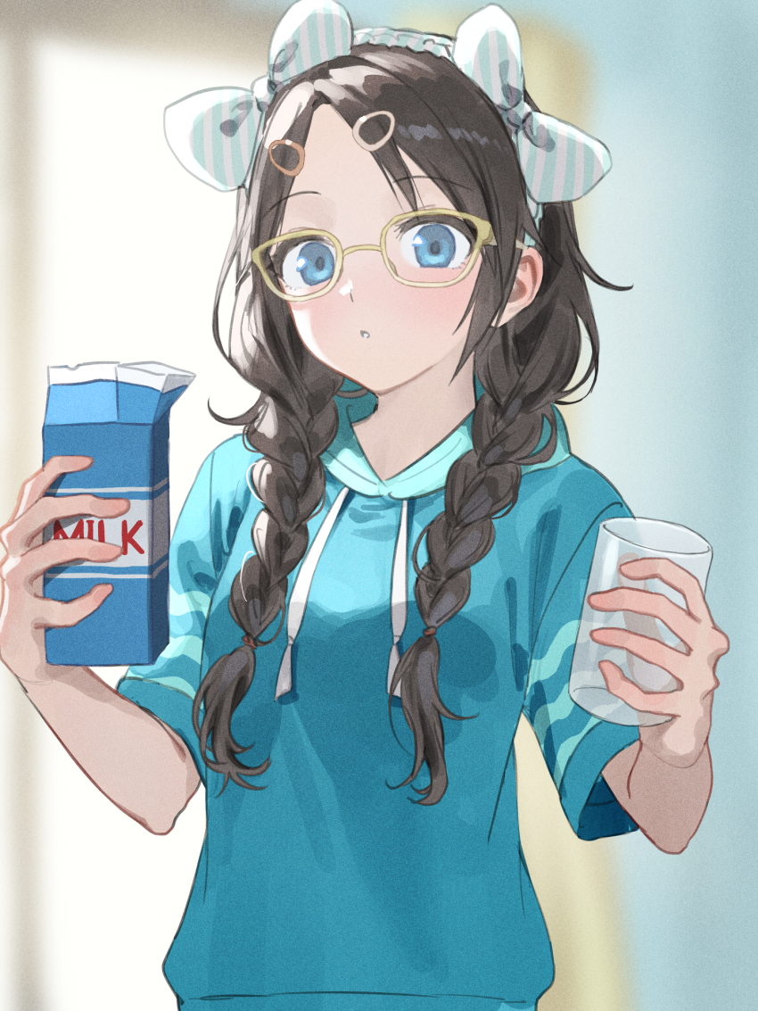 1girl :o aqua_eyes aqua_hoodie black_hair blurry blurry_background blush bow bow_hairband braid cup diagonal-striped_bow glasses hairband highres holding holding_carton holding_cup idolmaster idolmaster_shiny_colors long_hair looking_at_viewer mitsumine_yuika short_sleeves solo twin_braids upper_body yellow-framed_eyewear yumeme_818