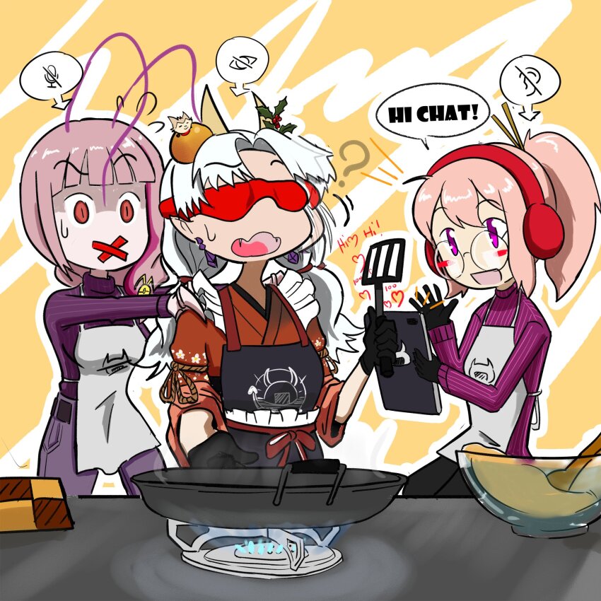 3girls apron cooking glasses highres matara_kan matara_kan_(casual) multiple_girls onigiri_(vtuber) pink_hair purple_eyes red_eyes shadowsky_exe speech_bubble virtual_youtuber vshojo