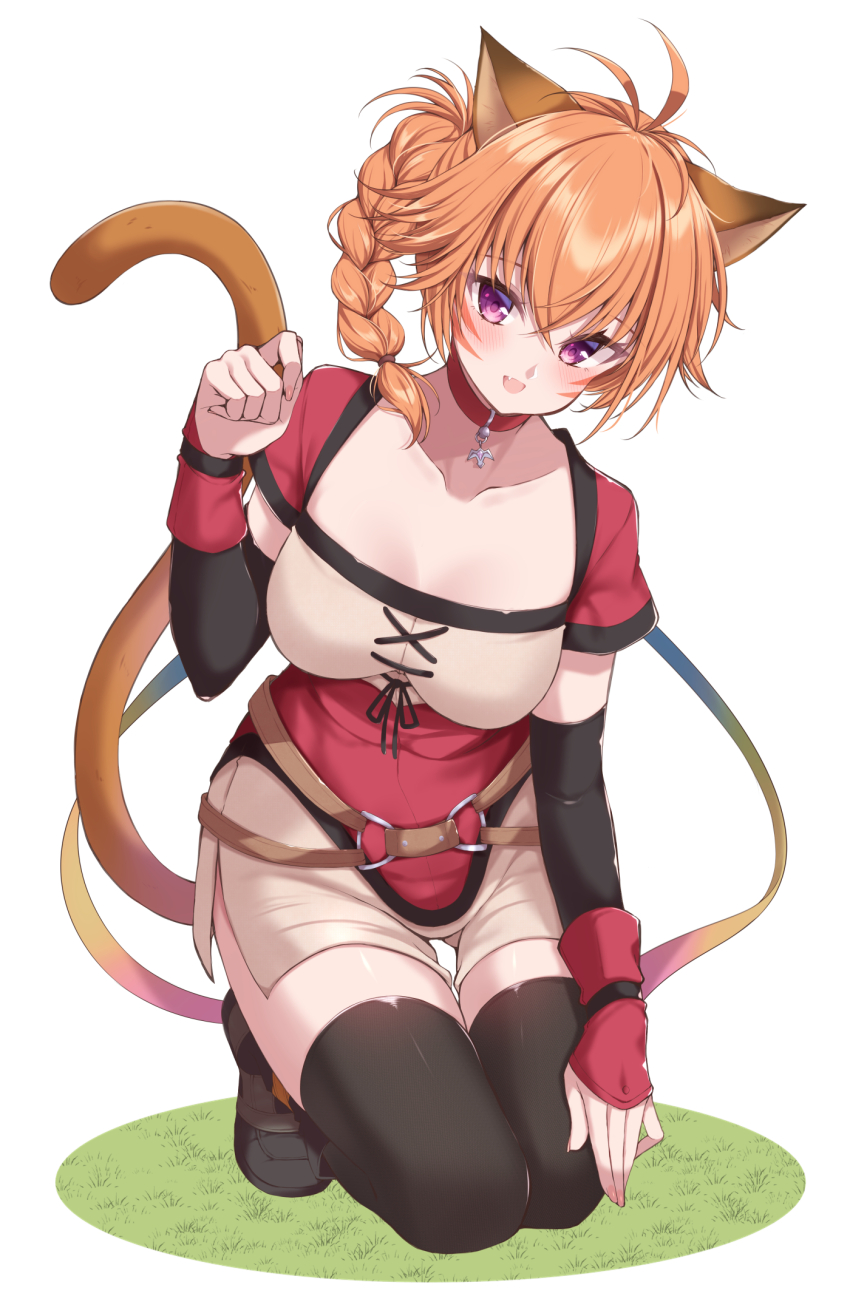 1girl animal_ears belt braid cat cat_ears cat_girl cat_tail collar commission facepaint facial_mark fang fire_emblem fire_emblem:_path_of_radiance fire_emblem:_radiant_dawn hand_guard highres jiino kneeling laguz_(fire_emblem) lyre_(fire_emblem) nintendo o-ring o-ring_belt orange_hair orange_tail purple_eyes shorts side_slit side_slit_shorts solo tail thighhighs whisker_markings white_background