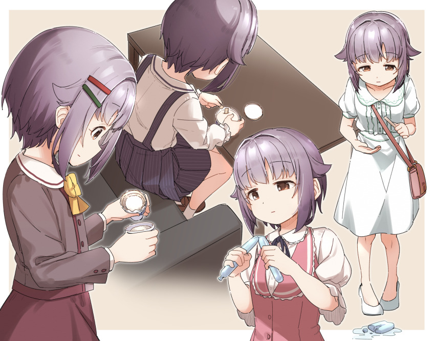 1girl bag black_ribbon black_shirt black_skirt bow brown_background brown_eyes brown_skirt closed_mouth collared_dress collared_shirt couch dress dress_shirt failure food hair_flaps highres holding holding_food ice_cream idolmaster idolmaster_cinderella_girls koshimizu_sachiko long_sleeves multiple_views neck_ribbon on_couch pleated_skirt popsicle puffy_short_sleeves puffy_sleeves purple_hair red_vest ribbon sailor_collar shirt short_sleeves shoulder_bag sitting skirt spoon standing striped_clothes striped_skirt suspender_skirt suspenders table tupet vertical-striped_clothes vertical-striped_skirt vest white_dress white_sailor_collar white_shirt wooden_spoon yellow_bow yukie_(kusaka_shi)