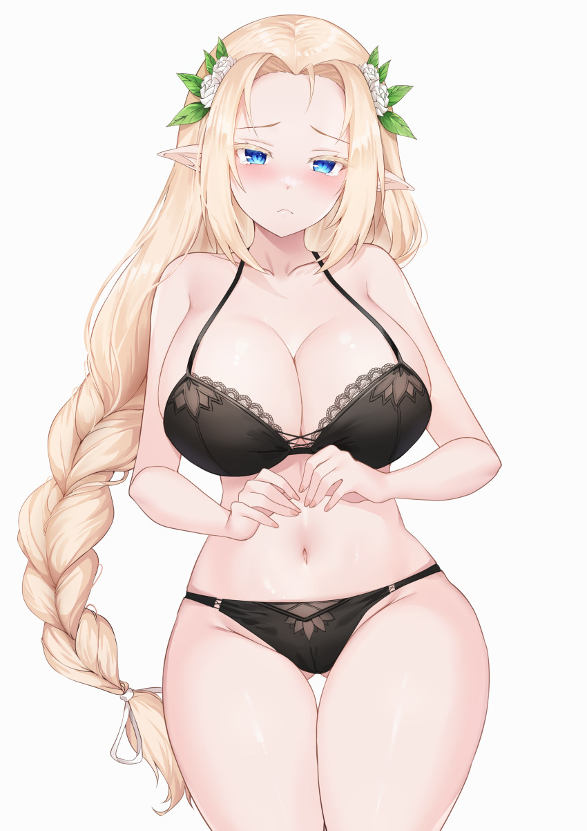 1girl absurdres black_bra black_panties blonde_hair blush bra breasts character_request cleavage closed_mouth collarbone commentary commission copyright_request deogho_(liujinzy9854) elf english_commentary flower gluteal_fold hair_flower hair_ornament hair_ribbon highres large_breasts long_braid long_hair navel panties pointy_ears ribbon rose solo thigh_gap underwear white_flower white_ribbon white_rose