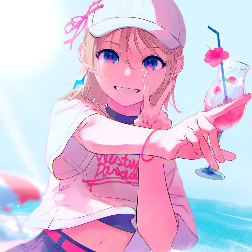 absurdres baseball_cap beach drink hat highres midriff_peek mob_cap pointing ritao_kamo v white_hat