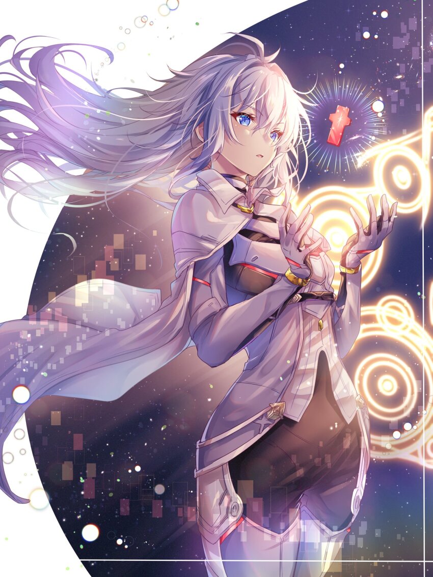 1girl a_(xenoblade) armored_bodysuit arms_up blue_eyes cape core_crystal_(xenoblade) detached_wings glowing grey_hair hair_between_eyes highres long_hair open_mouth solo standing ui_frara wings xeno_(series) xenoblade_chronicles_(series) xenoblade_chronicles_3 xenoblade_chronicles_3:_future_redeemed