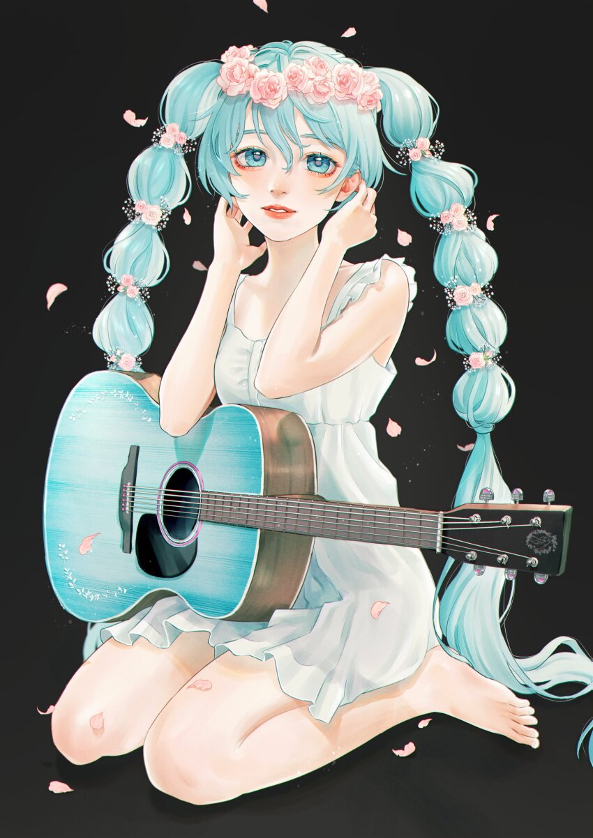 1girl absurdres acoustic_guitar akubieokaku aqua_hair barefoot black_background braided_twintails camisole feet flower full_body guitar hair_flower hair_ornament hatsune_miku highres holding holding_guitar holding_instrument instrument long_hair looking_at_viewer miku_day parted_lips pink_petals rose seiza simple_background sitting solo toes very_long_hair vocaloid white_camisole