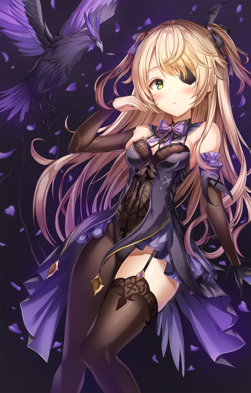 1girl absurdres bare_shoulders bird black_dress blonde_hair breasts brown_eyelashes brown_thighhighs closed_mouth crow detached_sleeves dress eyepatch fischl_(genshin_impact) garter_straps genshin_impact green_eyes hand_up has_bad_revision has_cropped_revision highres kitin long_hair long_sleeves looking_at_viewer md5_mismatch oz_(genshin_impact) petals resolution_mismatch revision single_garter_strap single_leg_pantyhose single_thighhigh small_breasts source_smaller thighhighs two_side_up