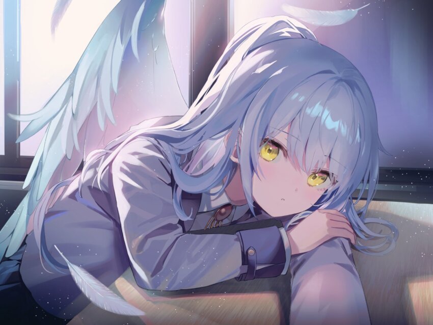 1girl angel_beats! angel_wings blue_hair commentary_request falling_feathers feathered_wings feathers hand_on_own_arm indoors kanda_done light_blue_hair long_hair long_sleeves looking_at_viewer parted_lips red_brooch solo tachibana_kanade wings yellow_eyes