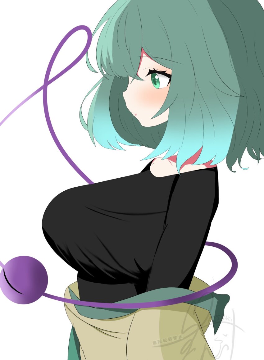 1girl :o black_shirt blush breasts commentary_request green_eyes green_hair highres komeiji_koishi off_shoulder parted_lips profile shirt short_hair signature solo third_eye tokihakonbu touhou undershirt upper_body watermark yellow_shirt