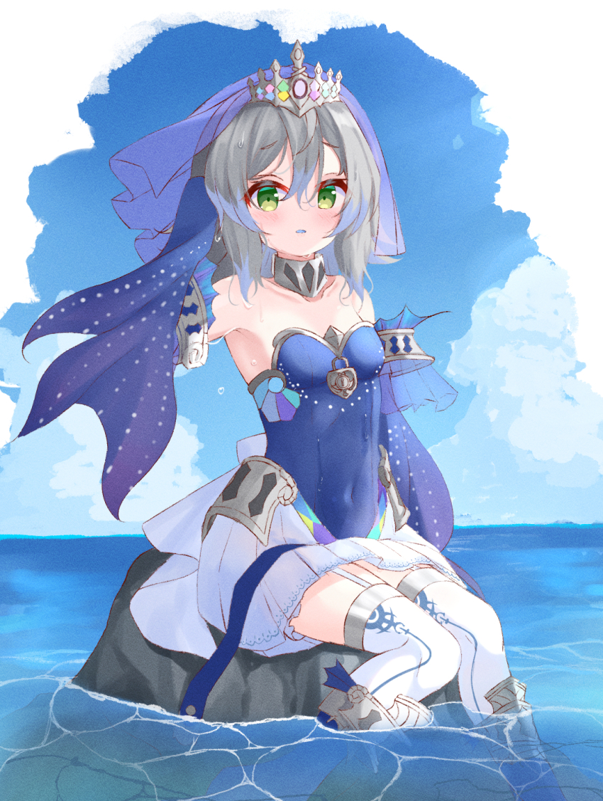 1girl a4_takahashi arm_fins arm_up armpit_crease blush breasts cloud cloudy_sky collarbone covered_navel detached_sleeves duel_monster fins fish_girl green_eyes grey_hair highres lock looking_at_viewer navel ocean open_mouth short_hair sitting sky sleeves_past_wrists small_breasts solo tearlaments_merrli thighhighs tiara veil white_thighhighs yu-gi-oh!