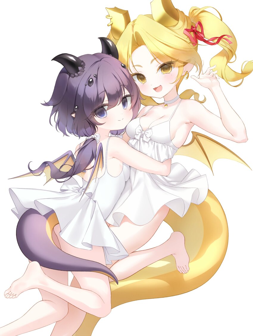 2girls absurdres barefoot black_horns blonde_hair blush breasts choker closed_mouth dragon_girl dragon_horns dragon_tail dress earrings hair_ribbon highres horns hug jewelry low_twintails medium_breasts multiple_girls na1tsu2me3 open_mouth original pointy_ears purple_eyes purple_hair red_ribbon ribbon simple_background tail twintails white_background white_choker white_dress wings yellow_eyes yellow_horns