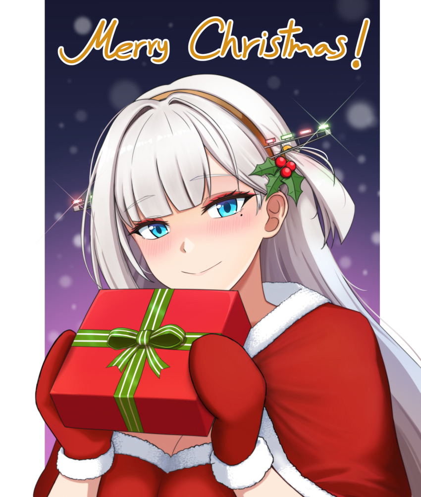 1girl azur_lane box breasts christmas cleavage closed_mouth crane_enthusiast eyeliner gift gift_box gloves hair_ornament hands_up highres large_breasts light_blush looking_at_viewer makeup merry_christmas mole mole_under_eye red_eyeliner red_gloves santa_costume shoukaku_(azur_lane) smile solo upper_body white_hair