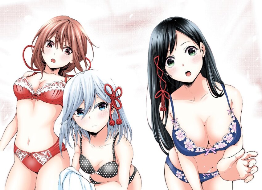 3girls :o amagami-san_chi_no_enmusubi amagami_asahi amagami_yae amagami_yuna black_bra black_hair black_panties blue_bra blue_eyes blue_panties blush bra breasts brown_eyes brown_hair cleavage closed_mouth collarbone commentary_request cowboy_shot double-parted_bangs green_eyes hair_between_eyes lace lace-trimmed_bra lace-trimmed_panties lace_trim large_breasts leaning_forward long_bangs long_hair looking_at_viewer marcey medium_breasts medium_hair multiple_girls navel open_mouth panties polka_dot polka_dot_bra polka_dot_panties red_bra red_panties red_ribbon ribbon second-party_source shirt siblings sisters small_breasts standing straight_hair swept_bangs teeth underwear underwear_only undressing upper_teeth_only white_hair white_shirt