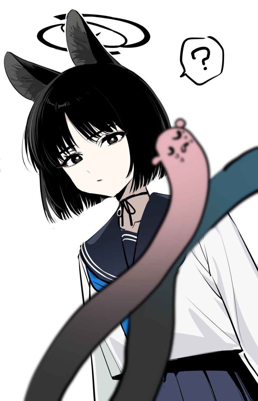 1girl ? absurdres animal_ear_fluff animal_ears black_eyes black_hair black_halo black_ribbon blanchat blue_archive blue_neckerchief blue_sailor_collar blue_skirt bright_pupils cat_ears cat_girl cat_tail closed_mouth halo highres kikyou_(blue_archive) long_sleeves looking_at_viewer multiple_tails neck_ribbon neckerchief parted_bangs pleated_skirt ribbon sailor_collar school_uniform serafuku shirt short_hair simple_background skirt solo spoken_question_mark tail two_tails upper_body white_background white_pupils white_shirt