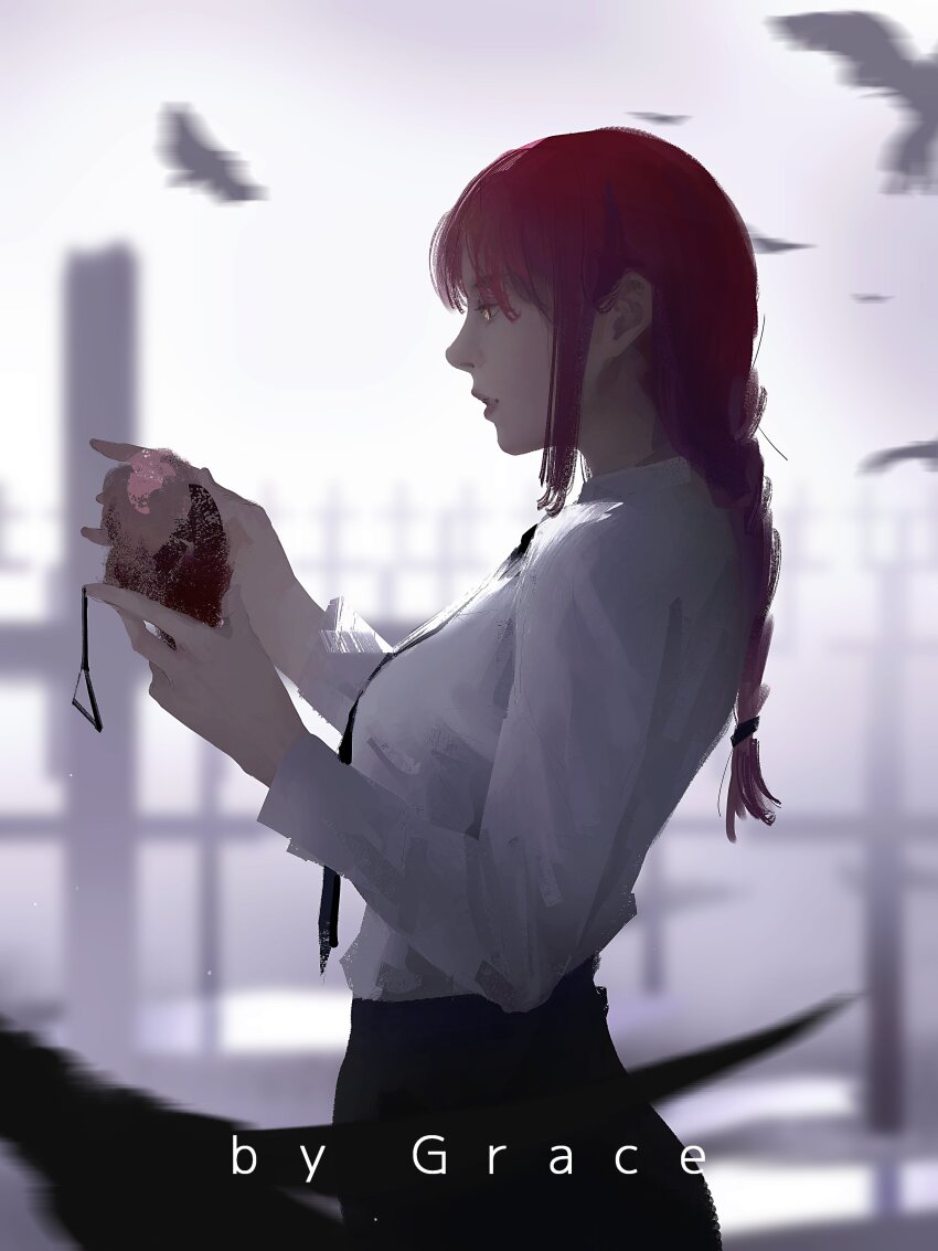 1girl absurdres artist_name bird black_necktie black_pants braid chainsaw_man collared_shirt crow formal_clothes graceart0518 highres holding_heart_(organ) long_hair makima_(chainsaw_man) necktie pant_suit pants red_eyes ringed_eyes shirt single_braid solo suit white_shirt yellow_eyes