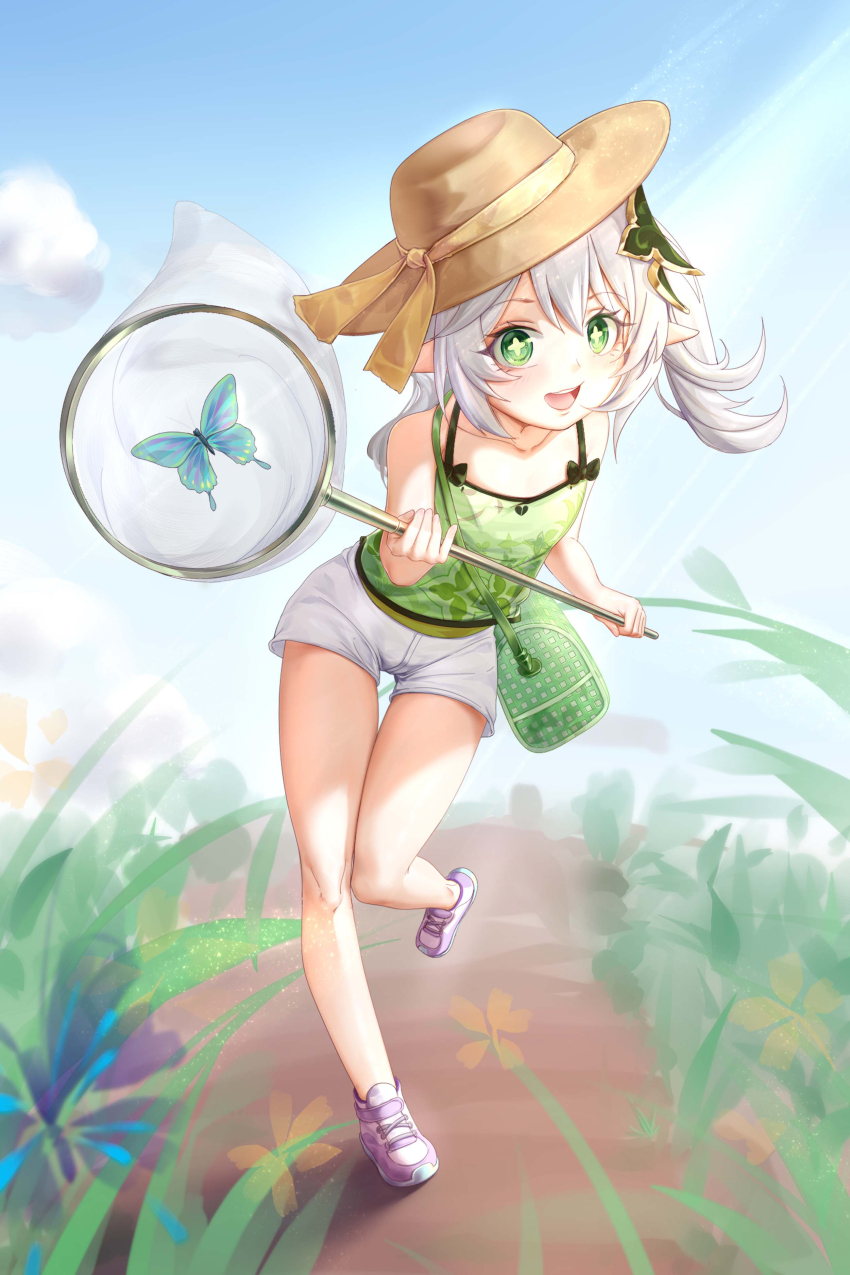 1girl :d absurdres alternate_costume bag bare_shoulders blue_butterfly bug butterfly butterfly_net commentary_request day flat_chest foot_up full_body genshin_impact green_bag green_eyes green_shirt hair_between_eyes hand_net highres holding holding_butterfly_net insect leaning_forward light_blush long_hair looking_at_viewer nahida_(genshin_impact) open_mouth outdoors pink_footwear pointy_ears pou_bao shirt short_shorts shorts shoulder_bag side_ponytail sleeveless sleeveless_shirt smile solo star_(symbol) teeth thigh_gap upper_teeth_only white_hair white_shorts