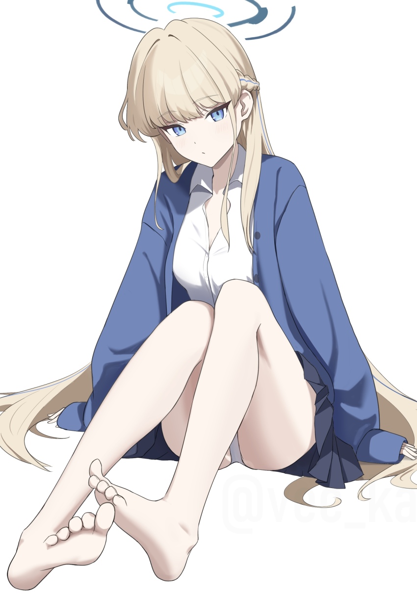 1girl absurdres barefoot blonde_hair blue_archive blue_cardigan blue_eyes blue_halo braid breasts cardigan collared_shirt commentary_request feet halo highres knees_to_chest long_hair long_sleeves looking_at_viewer medium_breasts official_alternate_costume open_cardigan open_clothes panties pleated_skirt shirt simple_background sitting skirt soles solo toki_(blue_archive) toki_(school_uniform)_(blue_archive) underwear vec_ka very_long_hair white_background white_panties white_shirt