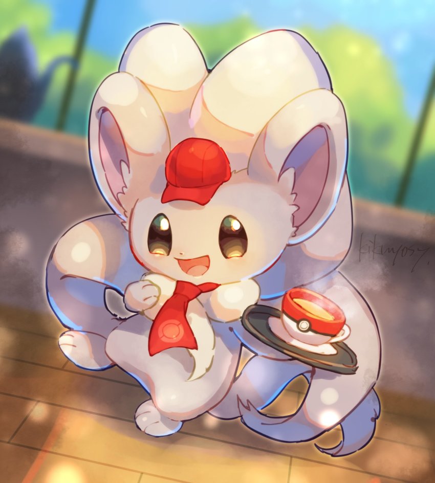 :d blurry cinccino clothed_pokemon commentary_request creatures_(company) cup game_freak gen_5_pokemon hat highres holding holding_tray kikuyoshi_(tracco) liquid mug necktie nintendo no_humans open_mouth poke_ball_print pokemon pokemon_(creature) pokemon_cafe_remix red_hat red_necktie signature smile solo standing steam toes tongue tray wooden_floor