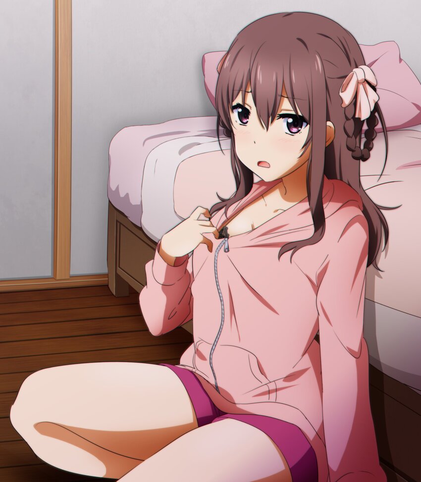 1girl 22/7 bedroom black_bra bow bra braid braided_hair_rings brown_eyes brown_hair collarbone cover embarrassed hair_between_eyes hair_bow hair_rings highres hood hoodie hoodie_pull igashiko indoors long_hair long_sleeves looking_at_viewer looking_to_the_side open_mouth pink_bow pink_hoodie pink_pillow purple_shorts shorts sitting solo tachikawa_ayaka twin_braids two_side_up underwear wooden_floor yokozuwari