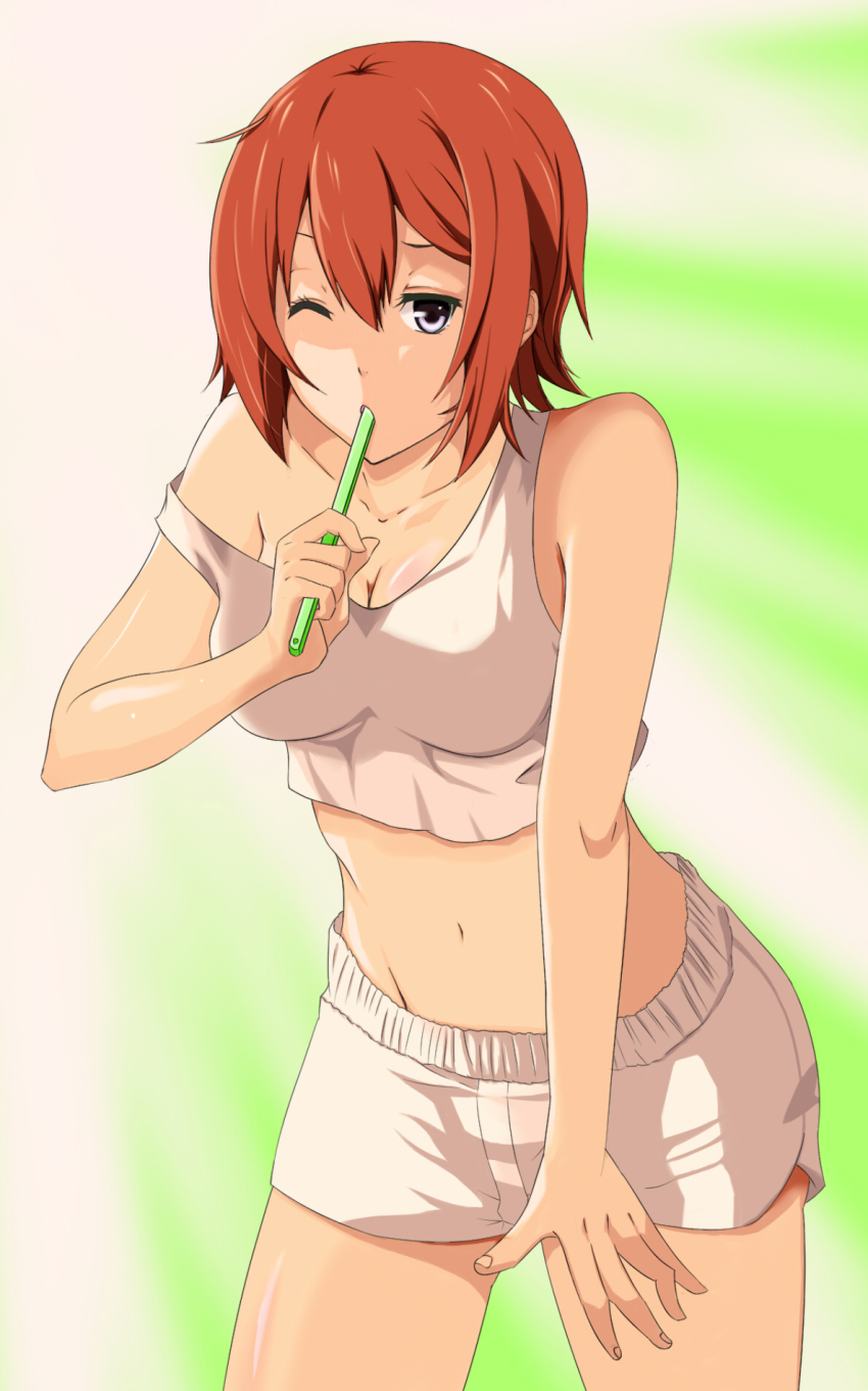 1girl breasts brown_hair brushing_teeth cleavage collarbone eiyuu_densetsu hair_between_eyes highres holding holding_toothbrush looking_at_viewer madaoouji navel noel_seeker one_eye_closed open_mouth short_hair shorts solo toothbrush zero_no_kiseki