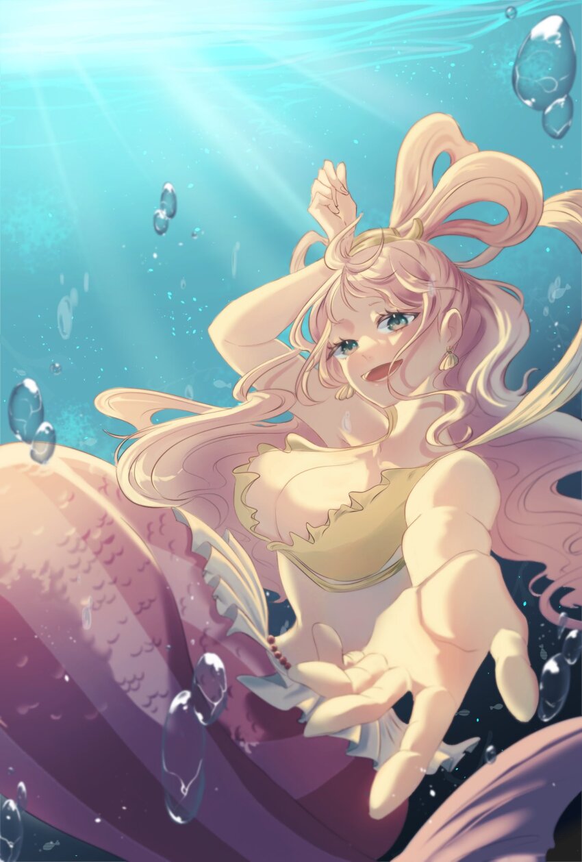 1girl bikini blue_eyes breasts bubble cleavage commentary_request earrings fish_hair_ornament hagoromo hair_ornament half_updo highres jewelry mermaid monster_girl negitorooisi_na one_piece open_mouth pink_hair reaching reaching_towards_viewer shawl shell shell_earrings shirahoshi smile solo swimsuit underwater yellow_bikini