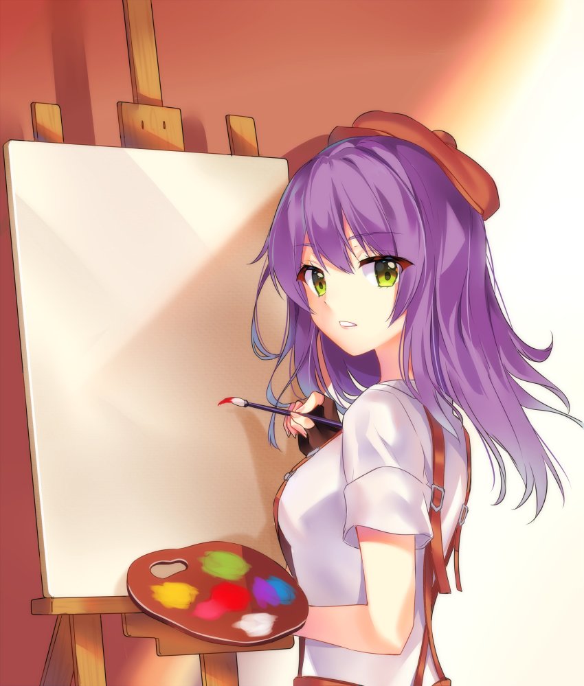 1girl absurdres artist_painter artist_progress breasts brown_hat canvas_(object) commentary easel english_commentary fingerless_gloves gloves green_eyes hair_between_eyes hat highres holding holding_paintbrush long_hair looking_at_viewer medium_breasts medium_hair original paintbrush palette_(object) parted_lips purple_hair redrawn shirt solo standing teeth upper_body white_shirt yaya_chan