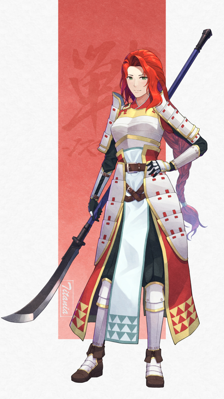 1girl alternate_costume armor belt braid braided_ponytail breastplate closed_mouth commentary commentary_request english_commentary fire_emblem fire_emblem:_path_of_radiance full_body green_eyes hand_on_own_hip highres holding holding_polearm holding_weapon japanese_armor kote kusazuri long_hair looking_at_viewer low-tied_long_hair mixed-language_commentary naginata nintendo pelvic_curtain polearm red_background red_hair smile solo suneate titania_(fire_emblem) two-tone_background weapon white_background yonaga_nagaduki