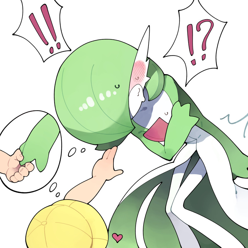 ! !! !? 1girl 1other arm_behind_back arm_up blush bob_cut child clenched_teeth collarbone colored_skin covered_eyes creatures_(company) drooling embarrassed flat_chest game_freak gardevoir gen_3_pokemon green_hair green_skin hair_over_eyes hand_up hat heart holding_hands knees_together_feet_apart leaning_forward legs mouth_drool multicolored_skin nervous nintendo pokemon pokemon_(creature) pokemon_bw preschooler_(pokemon) reaching reaching_towards_another short_hair simple_background speech_bubble spoken_exclamation_mark spoken_interrobang surprised sweat teeth thought_bubble tulip_hat two-tone_skin white_background white_skin yellow_hat youjo_modoki