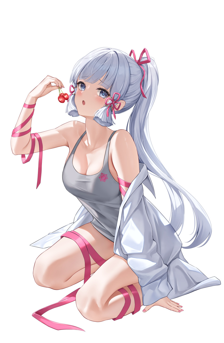 1girl absurdres arm_up ayaka_(genshin_impact) bare_shoulders blue_eyes breasts cherry cleavage collarbone commentary_request food fruit full_body genshin_impact grey_hair grey_tank_top hair_ribbon highres holding holding_food jacket long_hair long_sleeves lunacle medium_breasts nail_polish off_shoulder open_clothes open_jacket parted_lips pink_nails pink_ribbon ponytail puffy_long_sleeves puffy_sleeves ribbon simple_background sleeves_past_wrists solo tank_top very_long_hair white_background white_jacket