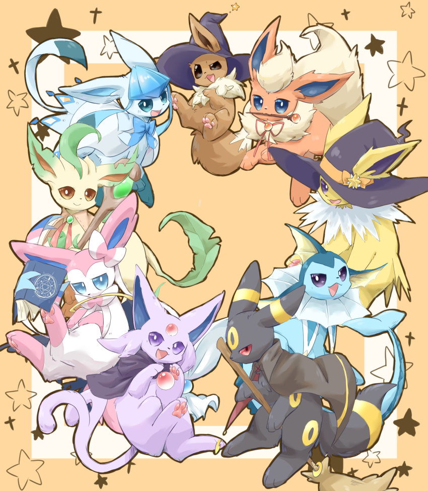 blue_eyes book broom brown_eyes cloak colored_sclera creatures_(company) eevee espeon flareon game_freak gen_1_pokemon gen_2_pokemon gen_4_pokemon gen_6_pokemon glaceon hat highres holding jolteon leafeon mouth_hold nintendo no_humans o_ne09 open_mouth pawpads pokemon pokemon_(creature) purple_eyes red_sclera ribbon smile star_(symbol) sylveon umbreon vaporeon witch_hat