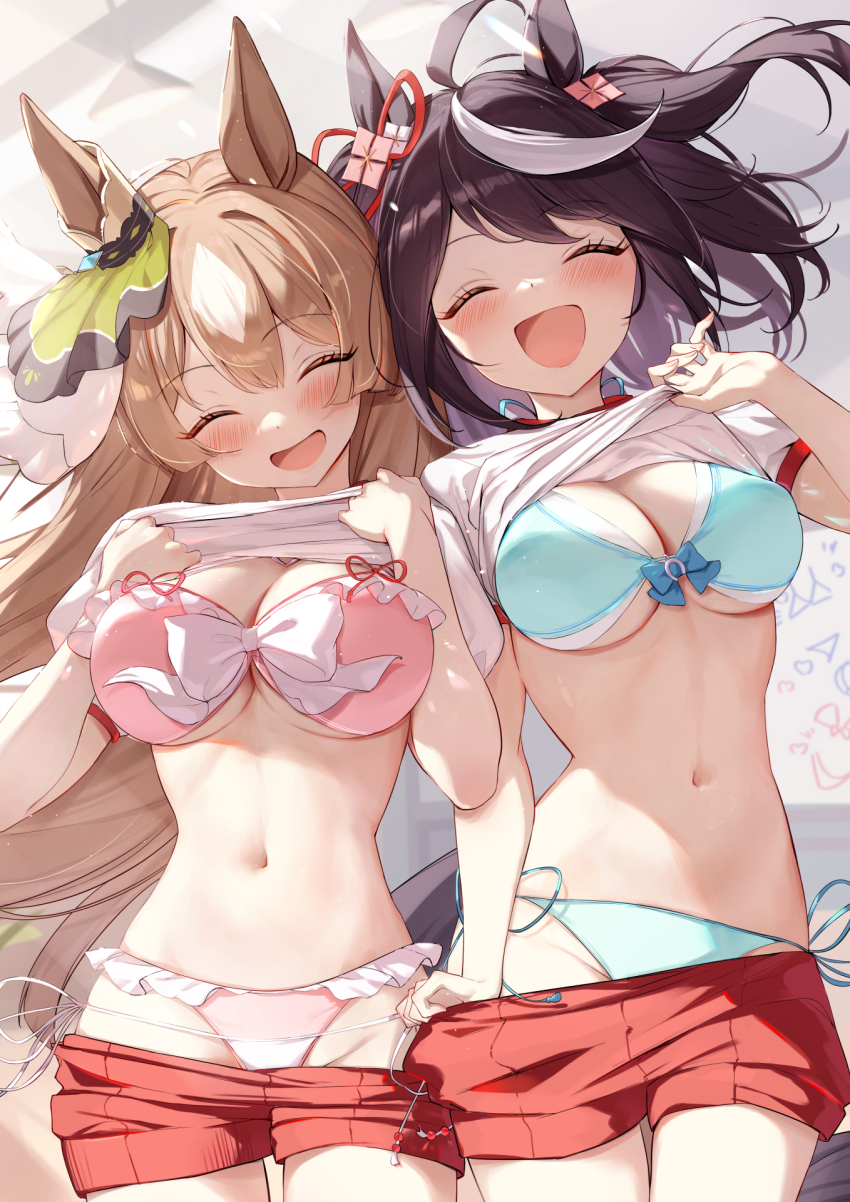 2girls ^_^ ahoge animal_ears aqua_bikini bikini blush bow bow_bikini breasts brown_hair closed_eyes clothes_lift clothes_pull commentary_request facing_viewer grey_hair groin gym_shirt gym_uniform highres horse_ears horse_girl horse_tail kitasan_black_(umamusume) large_breasts lifting_own_clothes linea_alba multicolored_hair multiple_girls navel pink_bikini red_footwear saboten_mushi satono_diamond_(umamusume) shirt shirt_lift shorts shorts_pull side-tie_bikini_bottom smile stomach streaked_hair swimsuit tail two-tone_hair umamusume