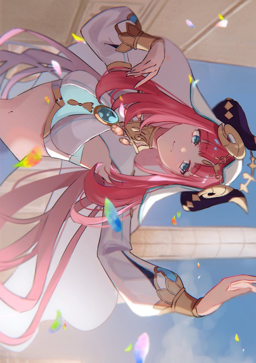 1girl arm_up backlighting blurry blurry_background breasts closed_mouth column crop_top facial_mark falling_petals forehead_mark genshin_impact gold_trim grey_gemstone grey_skirt hand_up highres horns jewelry long_hair long_sleeves medium_breasts midriff necklace nilou_(genshin_impact) outdoors petals pillar pink_eyes pink_hair puffy_long_sleeves puffy_sleeves sheep_horns shirt sidelocks sideways sideways_glance skirt solo split_mouth tight_clothes upper_body veil white_shirt white_veil wind yui_4293