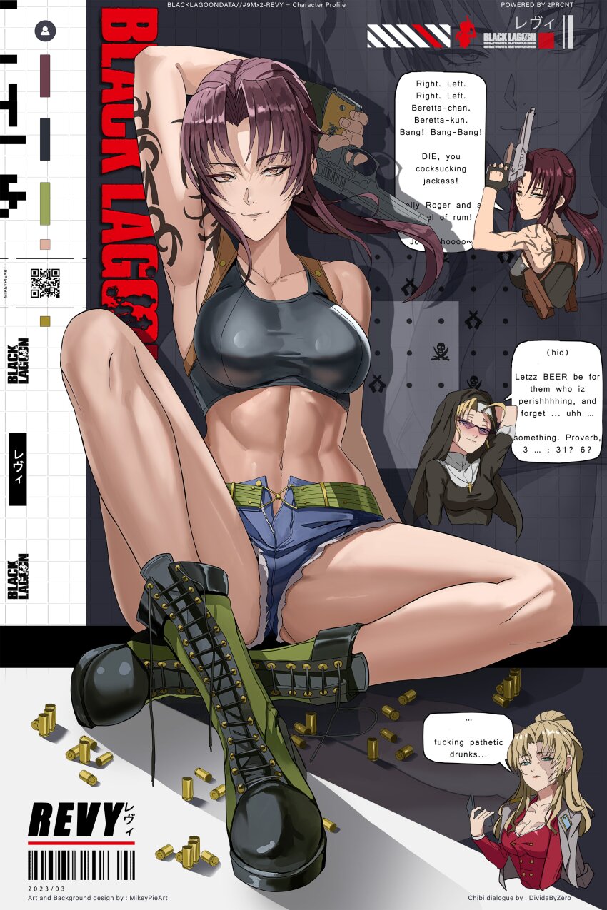 3girls abs absurdres arm_tattoo arm_up artist_name balalaika_(black_lagoon) bare_legs beretta_92 black_lagoon black_tank_top boots breasts brown_hair copyright_name crop_top denim denim_shorts eda_(black_lagoon) english_text full_body gun handgun highres holding holding_gun holding_weapon large_breasts midriff mikey_pie multiple_girls navel ponytail profanity revy_(black_lagoon) shell_casing shorts sitting solo_focus speech_bubble stomach tank_top tattoo thighs weapon