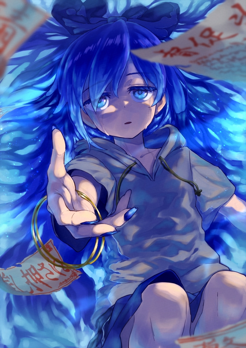 1girl blue_bow blue_eyes blue_hair blue_nails blue_skirt bow bracelet crying crying_with_eyes_open hair_between_eyes hair_bow highres hood hood_down hoodie iroiro_yaru_hito jewelry long_hair looking_at_viewer nail_polish outstretched_hand short_sleeves skirt solo tears touhou very_long_hair yorigami_shion