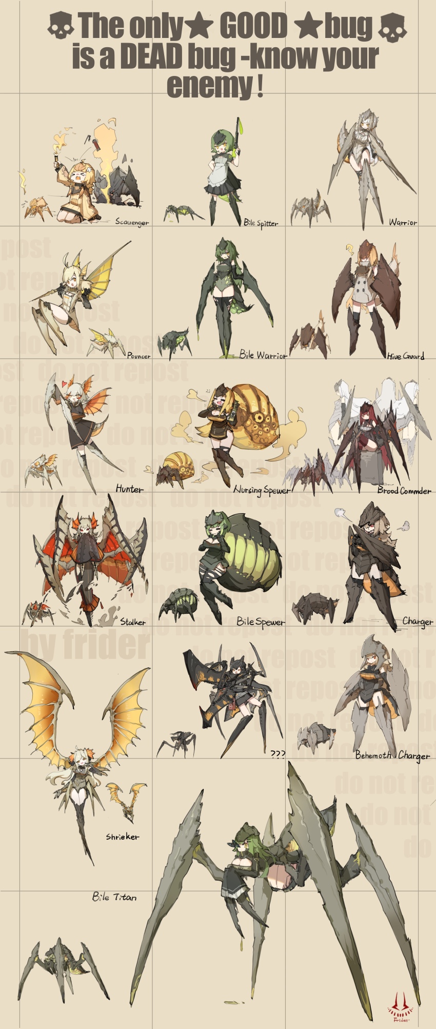 6+girls ? absurdres acid arthropod_girl arthropod_limbs artist_name behemoth_charger_(helldivers) bile_spewer bile_titan bile_warrior brood_commander_(helldivers) charger_(helldivers) chitin flare frider green_hair gun helldivers_(series) highres hive_guard_(helldivers) hunter_(helldivers) monster_girl multiple_girls nursing_spewer_(helldivers) personification pouncer scavenger_(helldivers) shrieker_(helldivers) skull stalker_(helldivers) target_identification_chart warrior_(helldiver) weapon wings