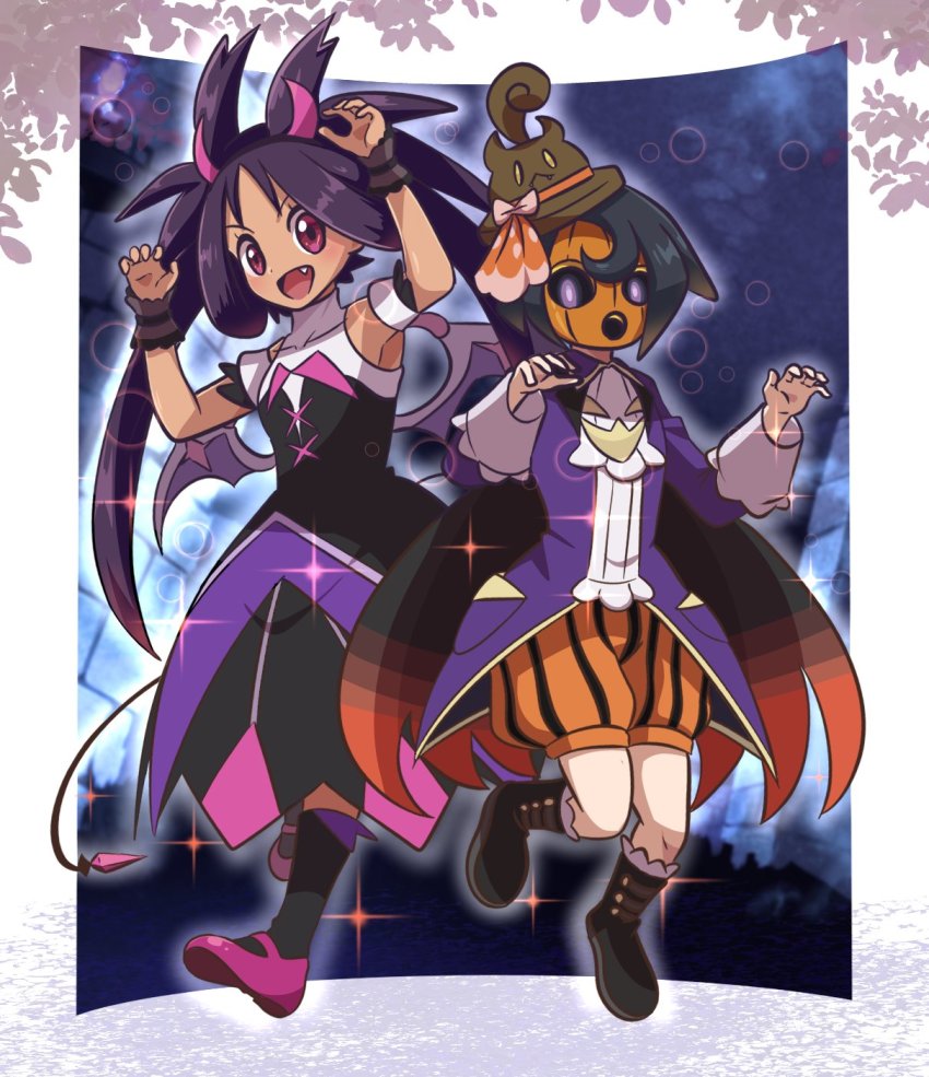 1boy 1girl :d allister_(fall_2022)_(pokemon) allister_(pokemon) black_hair black_socks boots creatures_(company) dress fake_horns fang game_freak hat highres horns iris_(fall_2022)_(pokemon) iris_(pokemon) knees long_hair long_sleeves mask nintendo official_alternate_costume open_mouth orange_shorts pokemon pokemon_masters_ex purple_eyes purple_footwear saon101 shoes short_hair shorts smile socks sparkle twintails wrist_cuffs