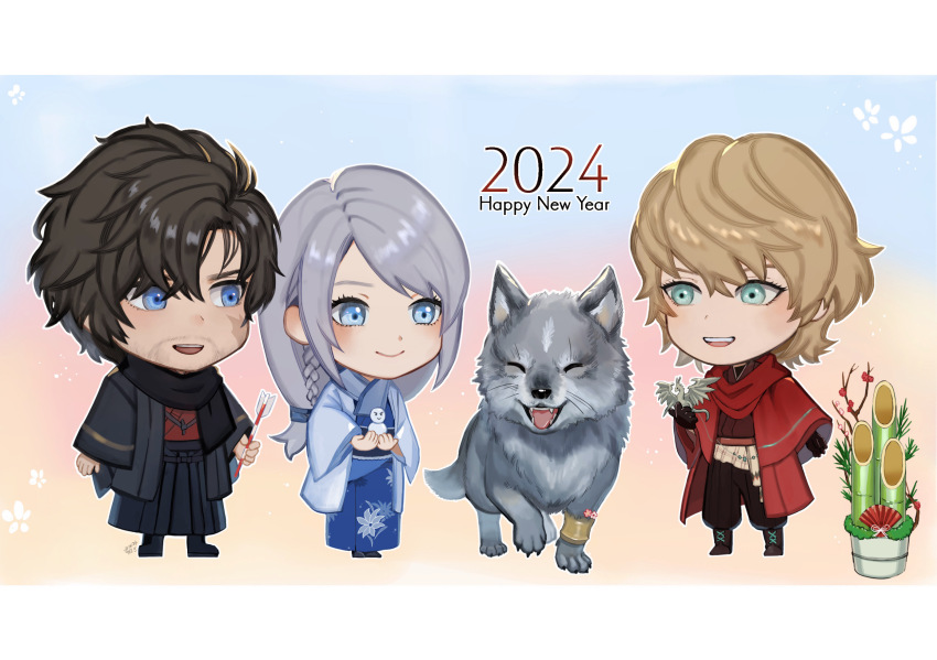 1girl 2024 2boys beard_stubble braid chibi clive_rosfield facial_hair final_fantasy final_fantasy_xvi happy_new_year highres japanese_clothes jill_warrick joshua_rosfield kadomatsu kimono linkget5501 long_hair low-tied_long_hair multiple_boys mustache_stubble new_year scar scar_on_face scarf single_braid smile stubble torgal_(ff16) wolf