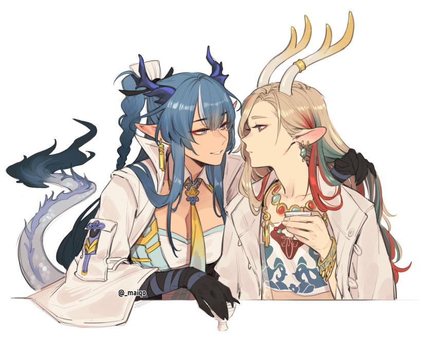 2girls a_deer_of_nine_colors animal_ears antler_ornament antler_ring antlers arknights black_gloves blonde_hair blue_eyes blue_hair blue_trim breasts cleavage deer_antlers deer_ears deer_girl dragon_horns dragon_tail earrings gloves horns jacket jewelry ling_(arknights) long_hair maiqo multicolored_hair multiple_girls necktie nine-colored_deer pointy_ears purple_eyes shirt simple_background tail twitter_username two-tone_eyes upper_body white_background white_jacket white_shirt yellow_necktie yuri