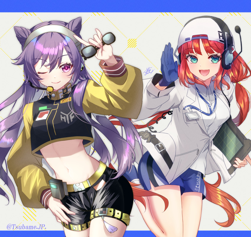 2girls absurdres alternate_costume aqua_eyes bare_legs black_shorts blue_gloves blue_shorts breasts closed_mouth commentary cone_hair_bun crop_top double_bun genshin_impact glasses gloves hair_bun hat highres holding holding_removed_eyewear hoyofair jacket keqing_(genshin_impact) long_hair long_sleeves looking_at_viewer medium_breasts midriff multiple_girls navel nilou_(genshin_impact) official_alternate_costume one_eye_closed open_mouth pink_eyes purple_hair red_hair shirt short_shorts shorts smile tassel tongue tsubame-tsubame- twintails unworn_eyewear white_jacket white_shirt