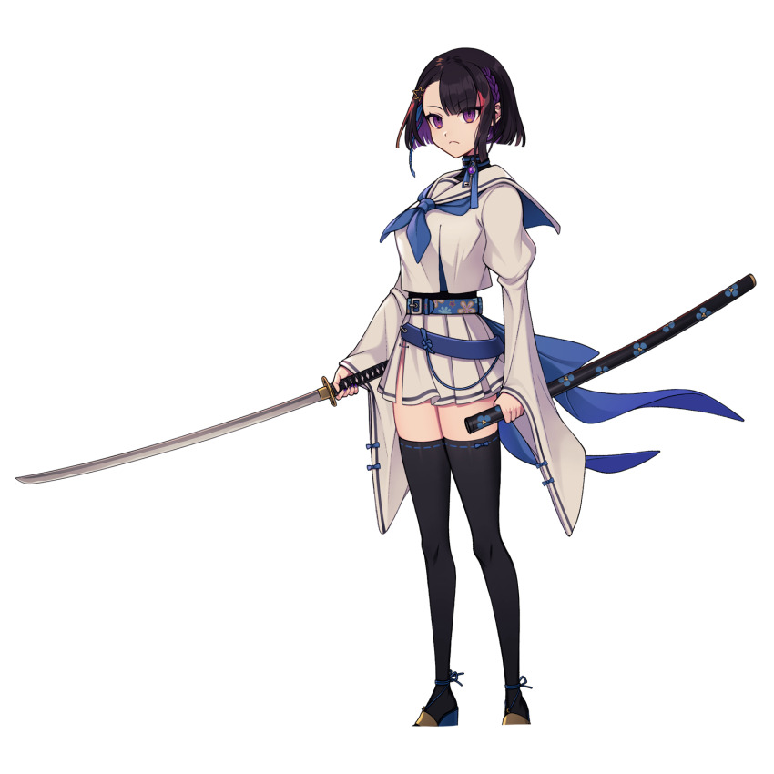 1girl :c black_hair black_thighhighs blue_neckerchief braid closed_mouth colored_inner_hair full_body heaven_seeker highres holding holding_sheath holding_sword holding_weapon katana long_sleeves multicolored_hair neckerchief official_art pleated_skirt purple_eyes purple_hair ribbon-trimmed_thighhighs ribbon_trim sailor_collar sheath short_hair skirt solo standing sword thighhighs weapon white_sailor_collar white_skirt wide_sleeves yasaka_(heaven_seeker)