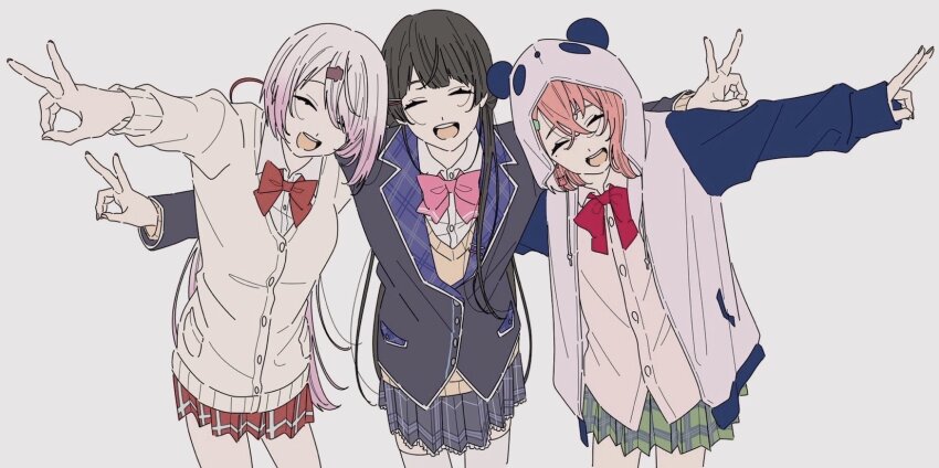 3girls animal_hood black_hair black_jacket bow bowtie closed_eyes green_skirt hair_ornament hairclip highres hood jacket kamatama_rom long_hair long_sleeves multiple_girls nijisanji open_mouth panda_hood pink_hair red_bow sasaki_saku sasaki_saku_(1st_costume) school_uniform shiina_yuika shiina_yuika_(1st_costume) skirt tsukino_mito tsukino_mito_(1st_costume) v very_long_hair virtual_youtuber