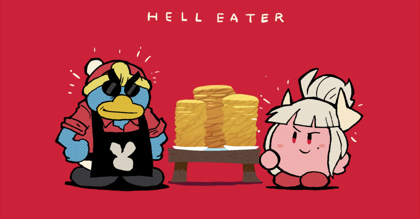 apron black_apron closed_mouth food fusion hair_bun halftone hands_on_own_hips helltaker helltaker_(character) highres horns king_dedede kirby kirby_(series) lucifer_(helltaker) mole mole_under_eye nintendo notice_lines pancake parody rariatto_(ganguri) red_background red_eyes red_footwear shoes simple_background single_hair_bun smile smug sunglasses table title_parody white_hair