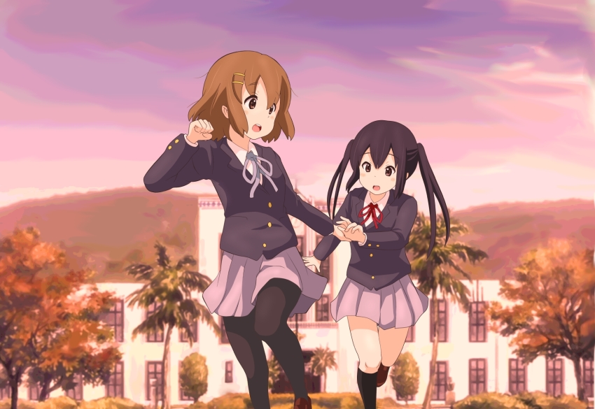 2girls black_hair black_pantyhose black_socks blush brown_eyes brown_hair building cloud evening hair_ornament hairclip hirasawa_yui hirondo2 k-on! long_hair long_sleeves multiple_girls nakano_azusa outdoors pantyhose sakuragaoka_high_school_uniform scenery skirt sky socks teeth tree twintails