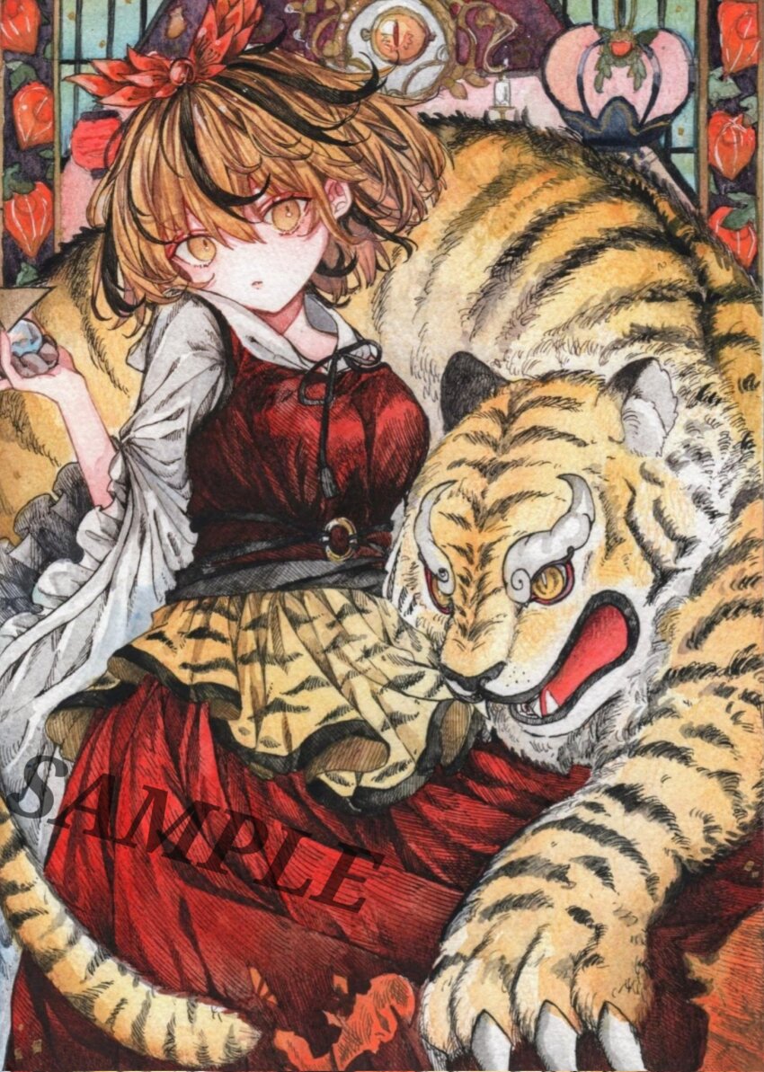 1girl animal_print bishamonten&#039;s_pagoda black_hair blonde_hair commentary_request dress flower hair_ornament highres long_sleeves monji_(monzi328) multicolored_hair red_dress red_flower sample_watermark streaked_hair tiger tiger_print toramaru_shou touhou traditional_media watermark wide_sleeves