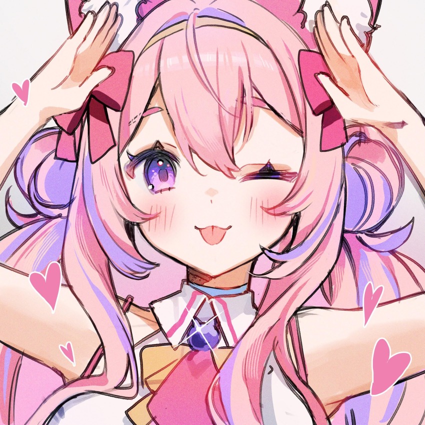 animal_ears bow bowtie fox_ears fox_girl gem grey_background highres kaos_pinku light_blush long_hair looking_at_viewer luami_media necktie one_eye_closed pink_bow pink_bowtie pink_hair pink_necktie purple_eyes purple_gemstone tongue tongue_out virtual_youtuber yellow_bow yellow_bowtie yenkoes