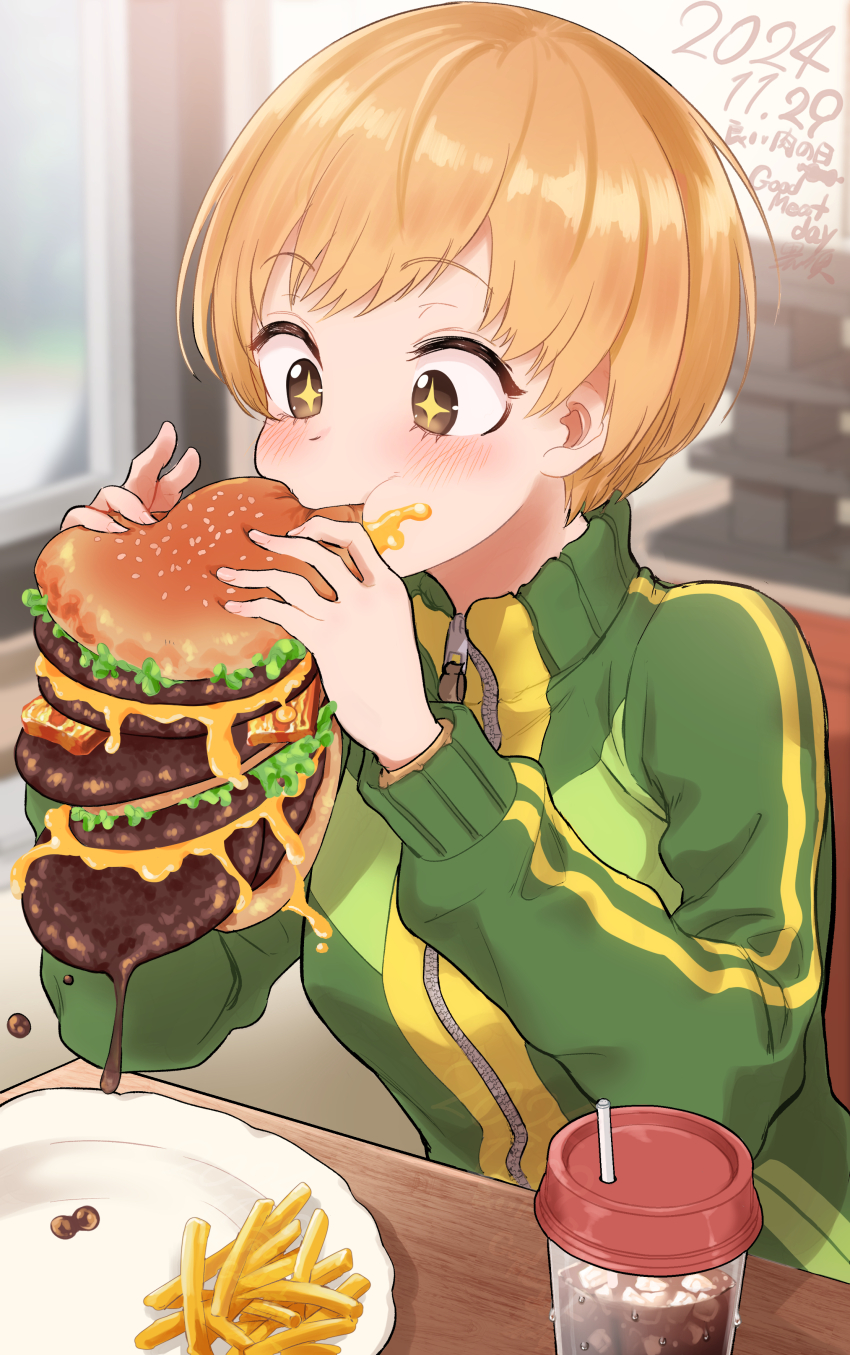 1girl absurdres beef bread burger burger_malfunction cheese drinking_straw eating food french_fries highres ice kurosususu persona persona_4 plate satonaka_chie short_hair soda solo