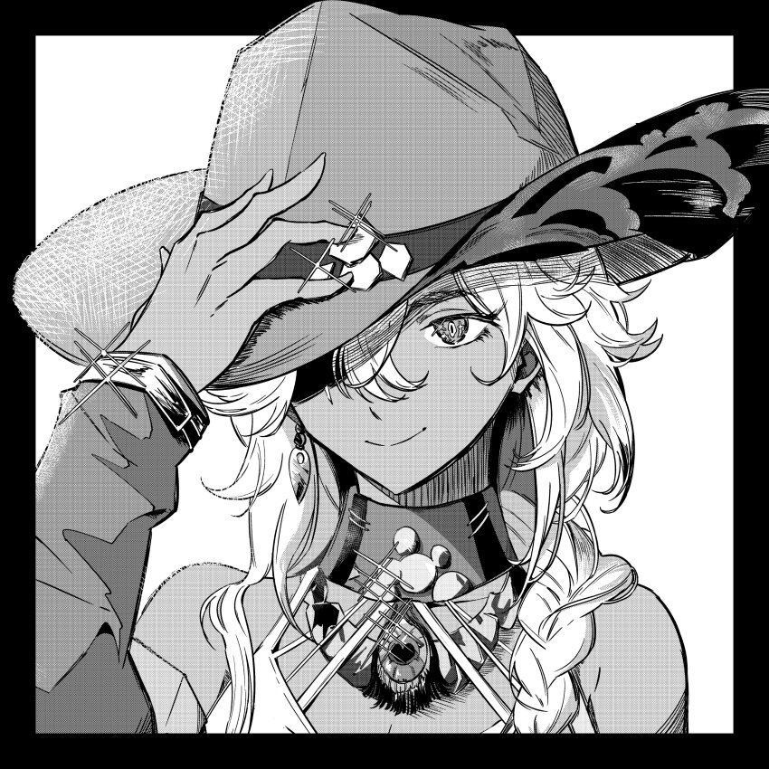 1girl absurdres adjusting_clothes adjusting_headwear argus_(reverse:1999) bare_shoulders black_border border braid choker closed_mouth cowboy_hat detached_sleeves greyscale hair_over_shoulder hand_on_headwear hand_up hat hat_over_one_eye highres long_hair looking_at_viewer monochrome natsugu72 one_eye_covered outside_border peacock_feathers portrait reverse:1999 single_braid smile solo tank_top white_background