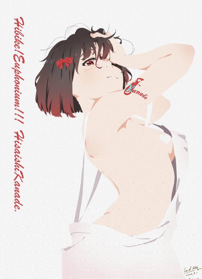 1girl absurdres arm_tattoo artist_name backless_outfit breasts closed_mouth from_side hibike!_euphonium highres hisaishi_kanade looking_at_viewer one_eye_closed short_hair sideboob solo tanaka29556626 tattoo