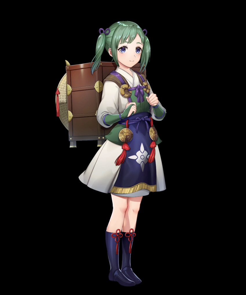 1girl boots closed_mouth dress fire_emblem fire_emblem_fates fire_emblem_heroes full_body green_hair highres japanese_clothes long_hair long_sleeves looking_at_viewer midori_(fire_emblem) mikurou_(nayuta) nintendo official_art purple_eyes smile solo standing transparent_background twintails