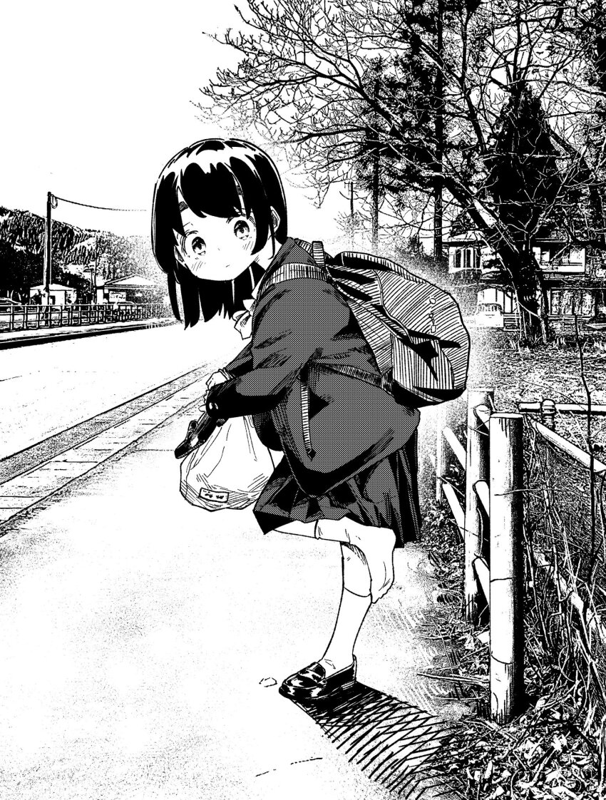 1girl backpack bag blush greyscale halftone highres looking_at_viewer monochrome original outdoors school_bag school_uniform shoes short_hair shoulder_bag skirt socks solo somato_tubuyaki standing tree