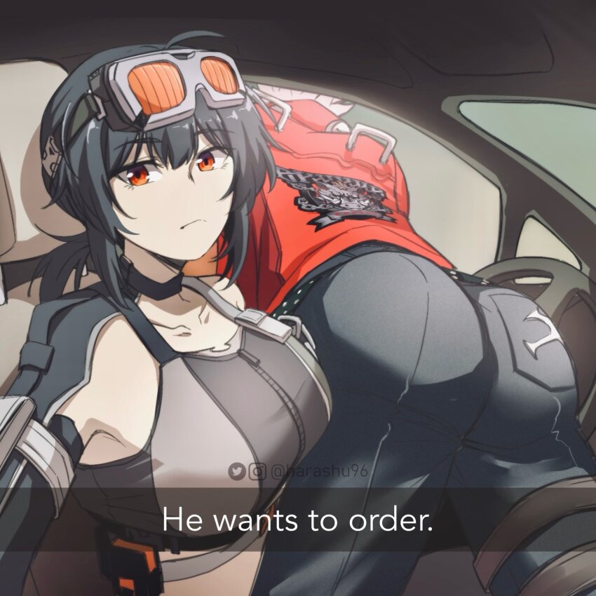 1boy 1girl ahoge ass bare_shoulders billy_kid black_choker black_hair black_pants breasts car_interior choker commentary crop_top english_commentary goggles goggles_on_head grace_howard harashu_(harashu96) he_wants_to_order_(meme) highres jacket large_breasts looking_at_viewer medium_hair meme midriff orange_eyes pants red_jacket sports_bra steering_wheel upper_body zenless_zone_zero