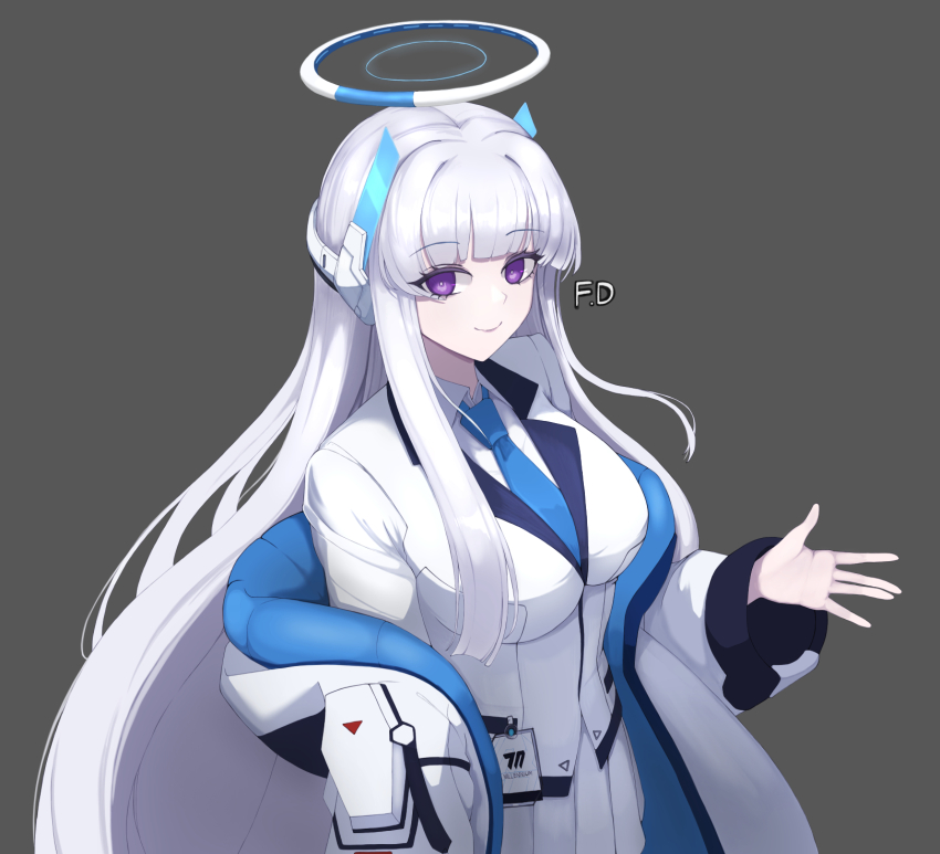 1girl ajw0823 blazer blue_archive blunt_bangs breasts commentary english_commentary grey_background halo highres jacket long_hair looking_at_viewer necktie noa_(blue_archive) pleated_skirt purple_eyes simple_background skirt smile solo very_long_hair white_hair